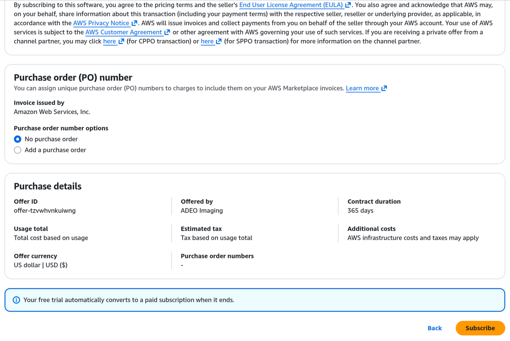 Bottom of the AWS Marketplace subscription page showing the orange Subscribe button.