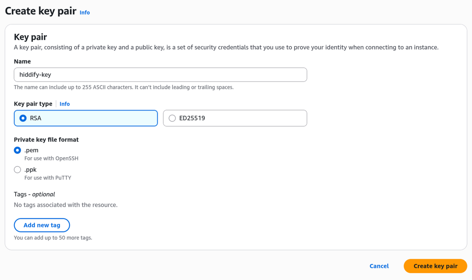 Create key pair form with name 'hiddify-key', RSA type selected, and .pem format selected.