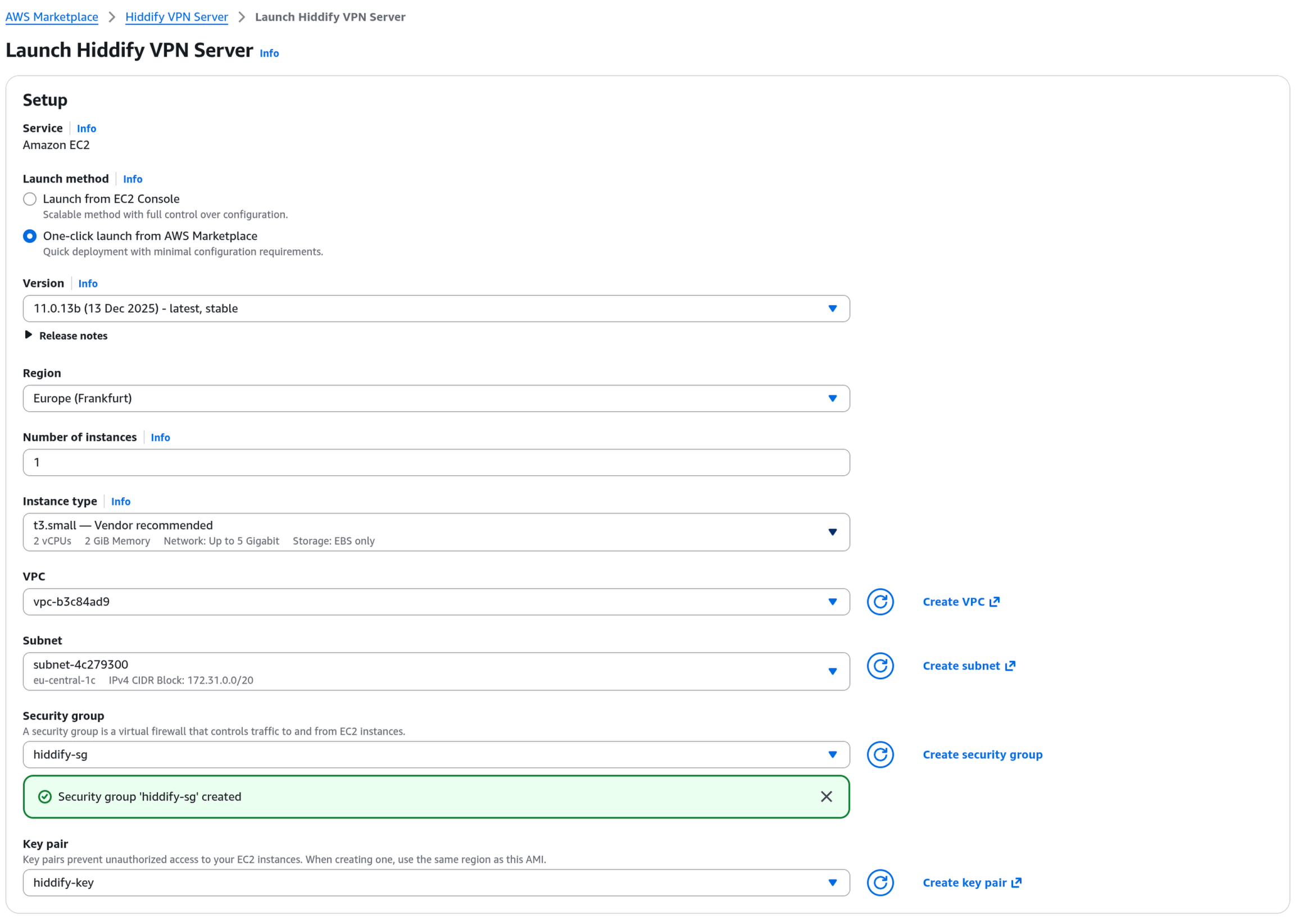 Launch page with all fields filled: One-click launch selected, Europe Frankfurt region, t3.small instance, hiddify-sg security group, and hiddify-key key pair.