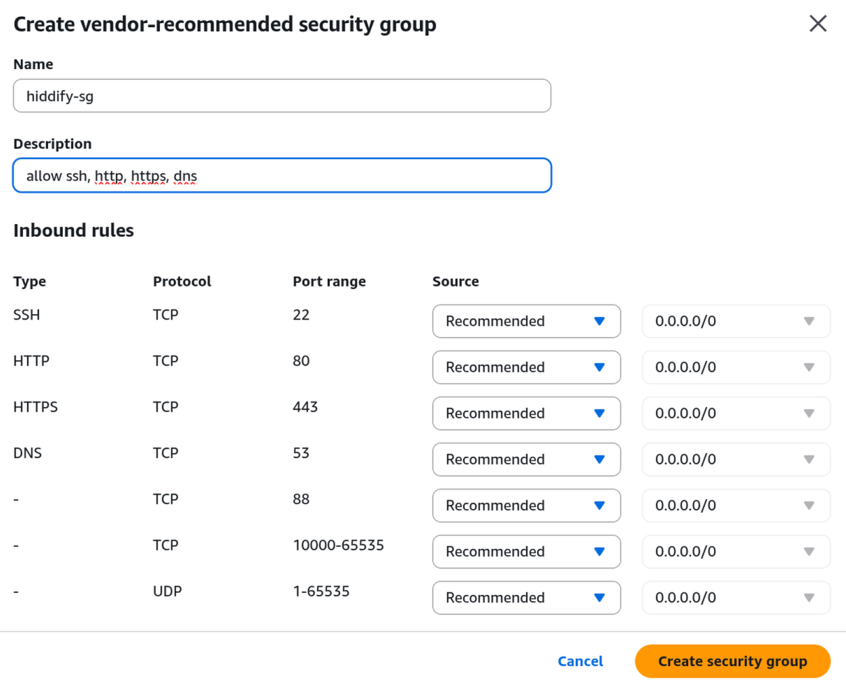Create vendor-recommended security group modal showing name 'hiddify-sg', description, and pre-filled inbound rules for SSH, HTTP, HTTPS, DNS.