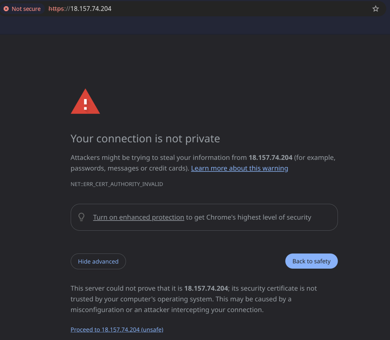 Chrome browser showing 'Your connection is not private' warning. Click Advanced, then Proceed to continue.