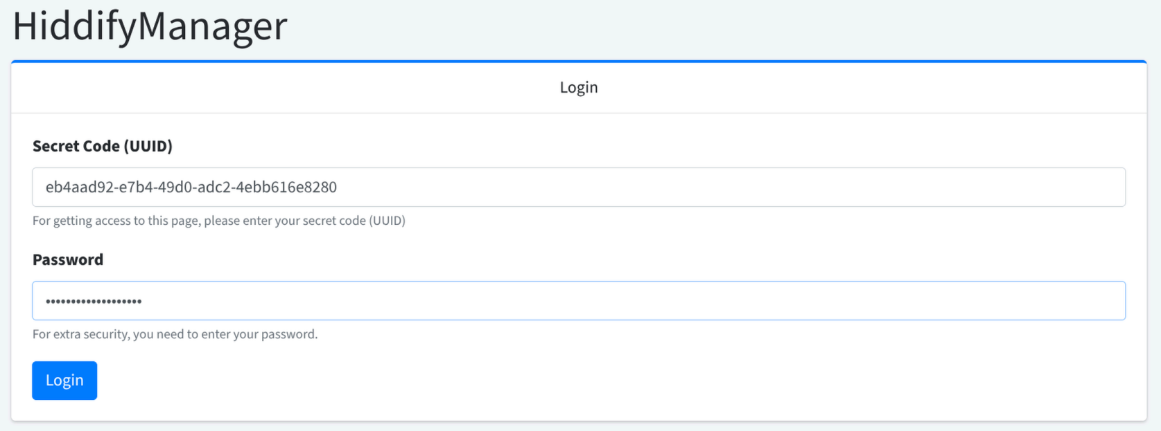 HiddifyManager login page with Secret Code UUID field and Password field. Enter your Instance ID as the password.