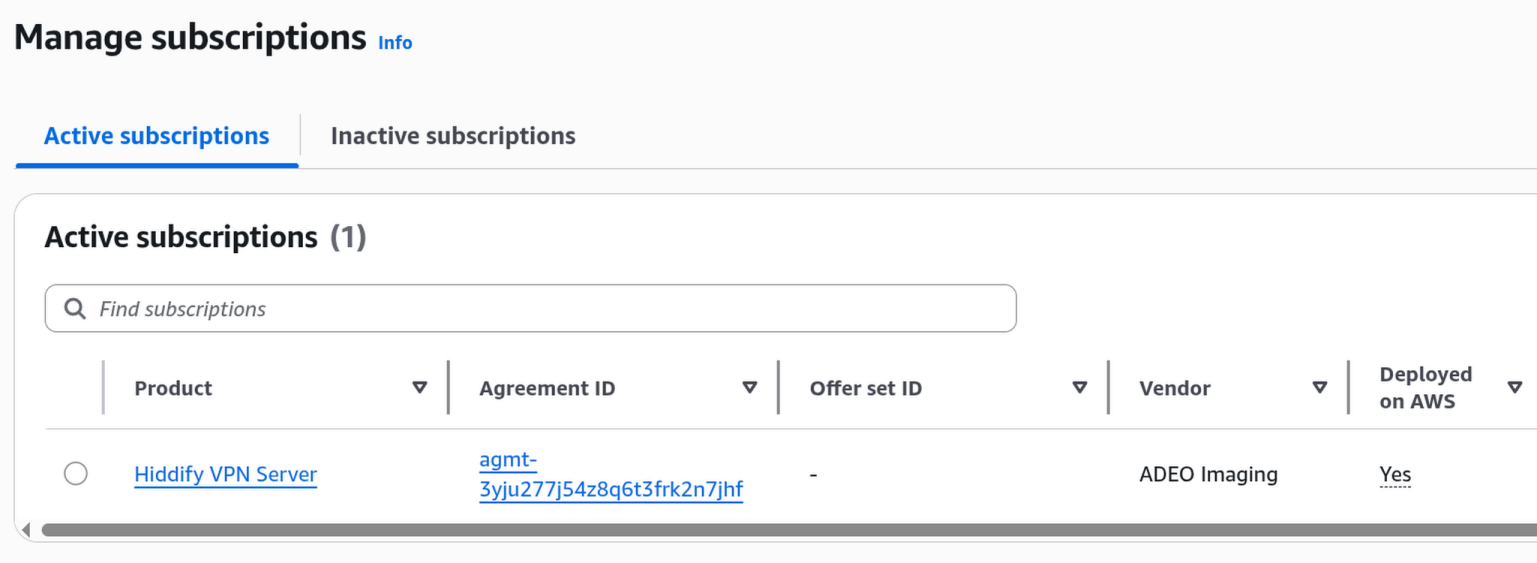 AWS Marketplace Manage subscriptions page showing Hiddify VPN Server under Active subscriptions.