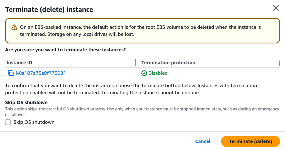 Terminate instance confirmation dialog showing the instance ID, termination protection status, and the orange Terminate (delete) button.