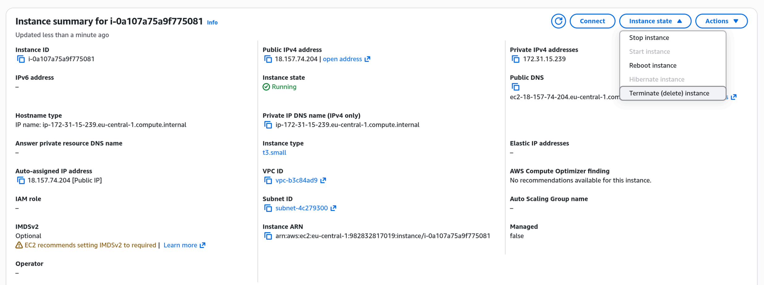 EC2 Instance summary page with the Instance state dropdown open, showing the 'Terminate (delete) instance' option at the bottom.